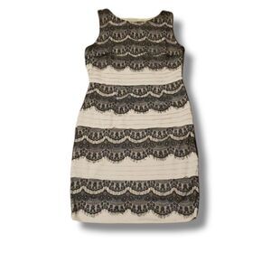 𝅺Sangria Womens Size Petites 12 Cream and Black‎ Lace Bodycon Pleated Dress